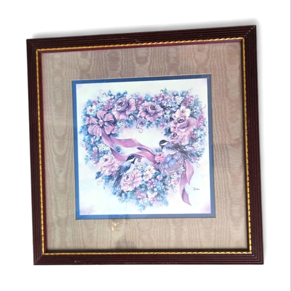 Home Interiors Other - Vintage Home Interiors 90's Framed Heart Shape Floral Wreath Love Birds Wall Art